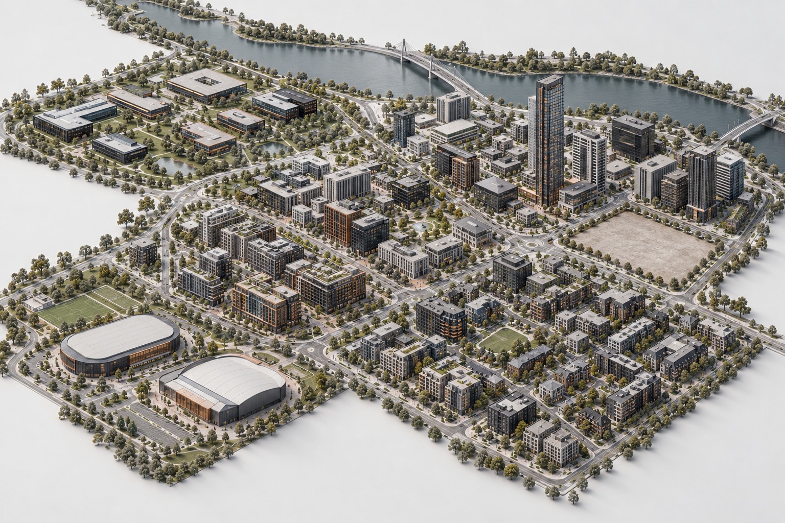 Conceptual architectural city connecting six featured engagements